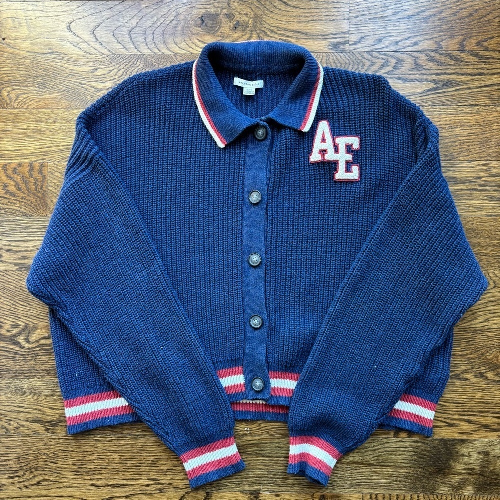 American Eagle Blue Knit Varsity Cardigan with Red and White Accents